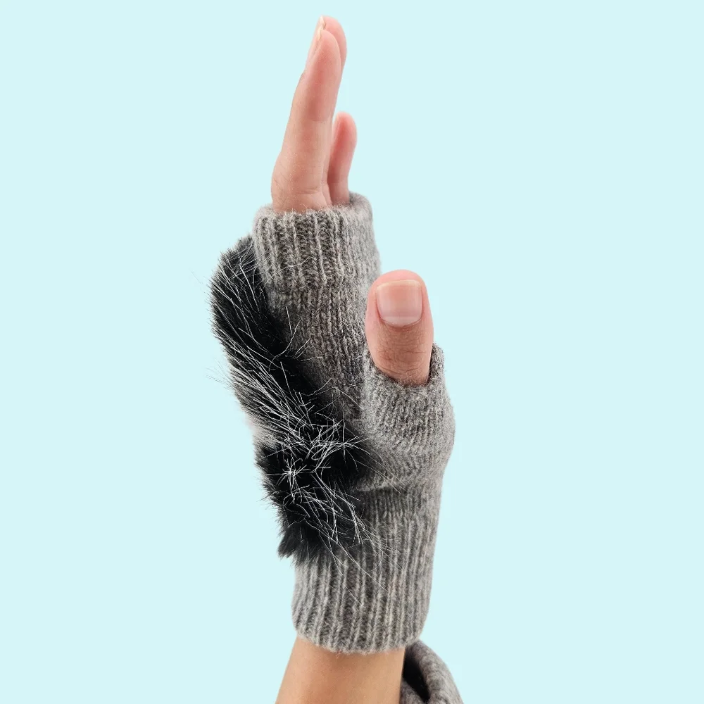 Adrienne Landau Gloves Fingerless Grey Snow Wool Blend Faux Fur Cottagecore Gift